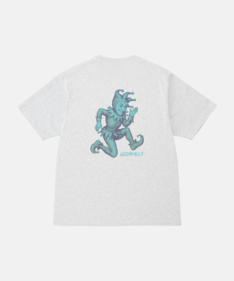 Back view of a Gramicci ash heather color Joker Tee with a teal graphic against a light-tone background.