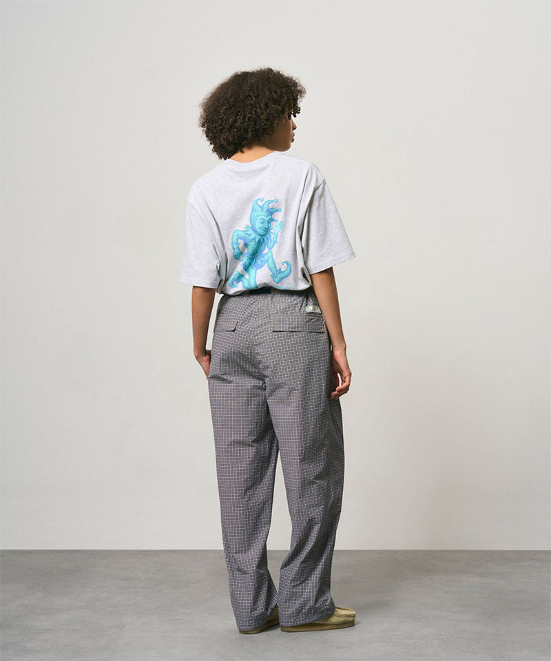 Back view of a model wearing a ash heather color Gramicci Joker Tee with a teal graphic and grey pants on a light-tone background.