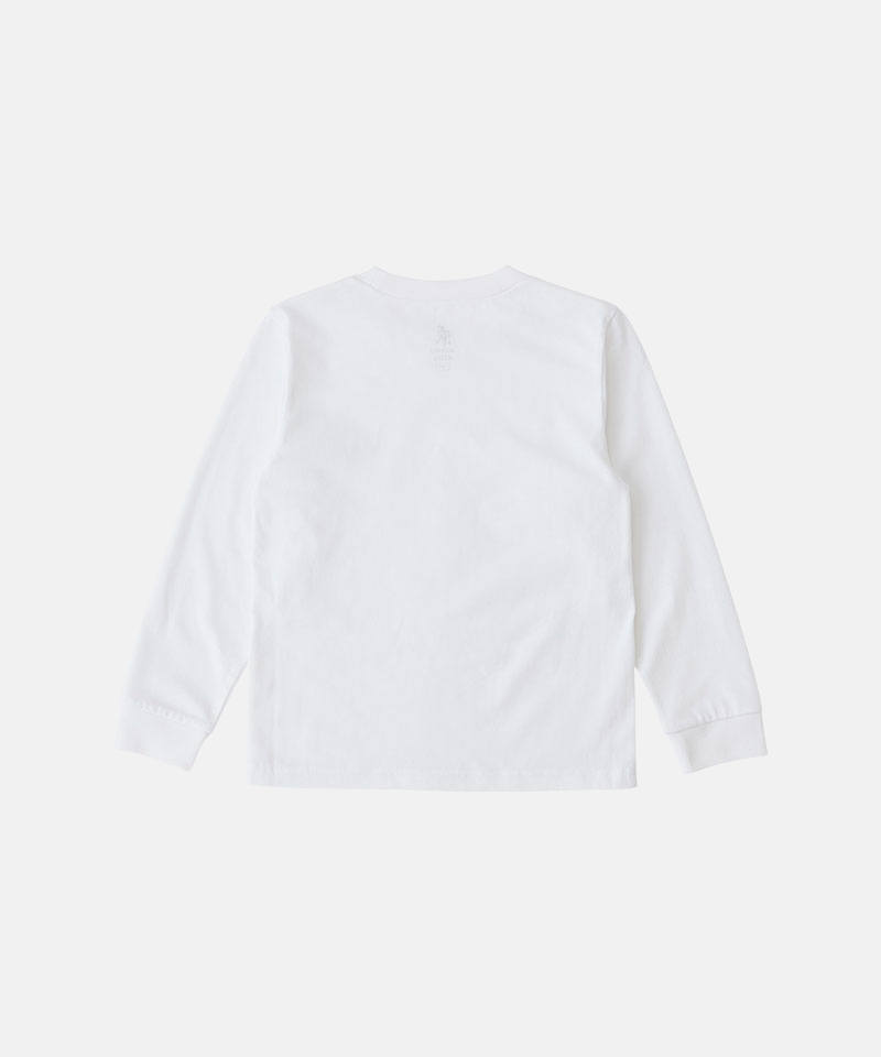 Back view of a Gramicci white One Point Logo Long Sleeve Tee against a light-tone background.