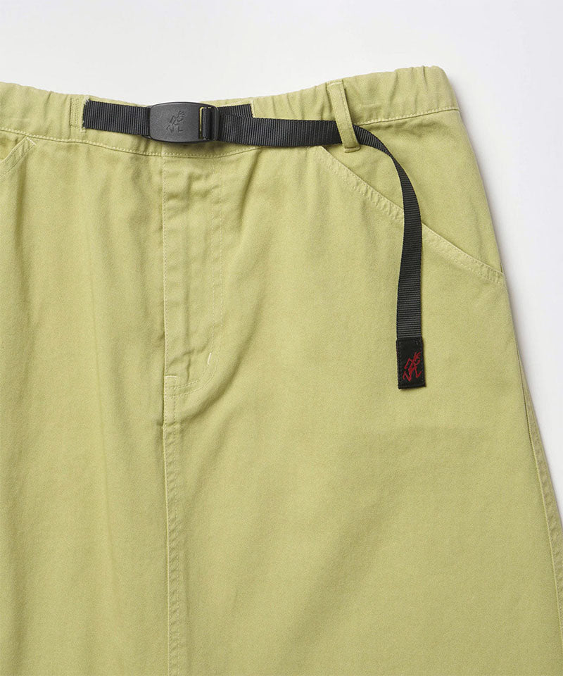 Close-up view of a elm pigment colored Gramicci 5-Pocket Skirt against a light-tone background.