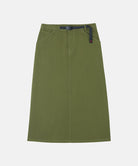 Olive colored Gramicci 5-Pocket Skirt against a light-tone background.