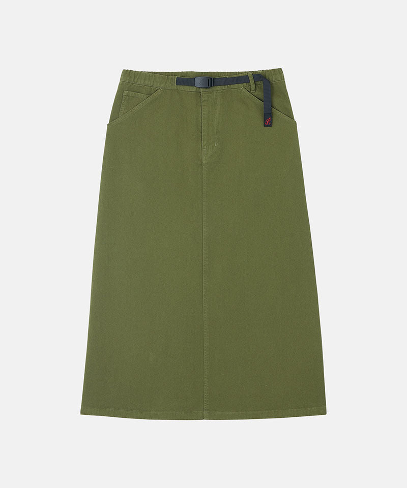 Olive colored Gramicci 5-Pocket Skirt against a light-tone background.