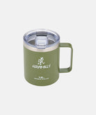 Gramicci olive Double Walled Stainless Steel Mug with a Gramicci graphic against a light-tone background.