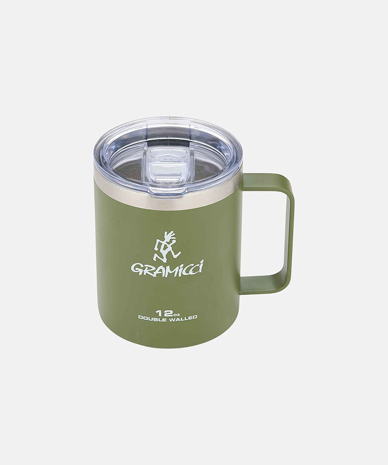 Gramicci olive Double Walled Stainless Steel Mug with a Gramicci graphic against a light-tone background.