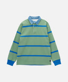 Gramicci olive and blue stripped Gramicci Langdon Rugby Shirt against a light-tone background.