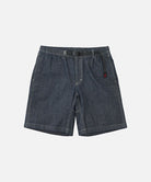 Navy Gramicci Japanese Chambray Shorts with a belt against a light-tone background.