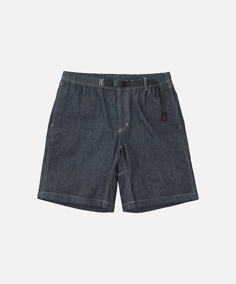 Navy Gramicci Japanese Chambray Shorts with a belt against a light-tone background.