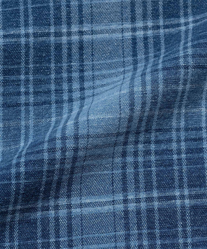 Gramicci indego Lagoon Short Denim Plaid fabric swatch.