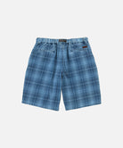 Back view of a Gramicci indego Lagoon Short Denim Plaid against a light-tone background.