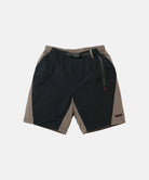Black Gramicci Nylon Block Shorts with a belt against a light-tone background.