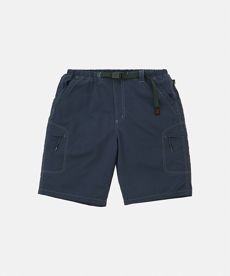 British navy Gramicci Nylon Cliff Short with a belt against a light-tone background.