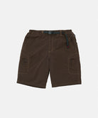 Chocolate colored Gramicci Nylon Cliff Short with a belt against a light-tone background.