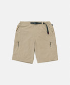 Milk tea colored Gramicci Nylon Cliff Short with a belt against a light-tone background.