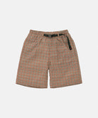 Brick check colored Gramicci Checkered Shell Shorts with a black belt against a light-tone background.
