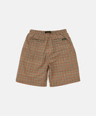 Back view of brick check colored Gramicci Checkered Shell Shorts on a light-tone background.