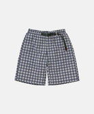 Navy check colored Gramicci Checkered Shell Shorts with a black belt against a light-tone background.