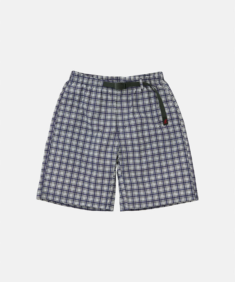 Navy check colored Gramicci Checkered Shell Shorts with a black belt against a light-tone background.