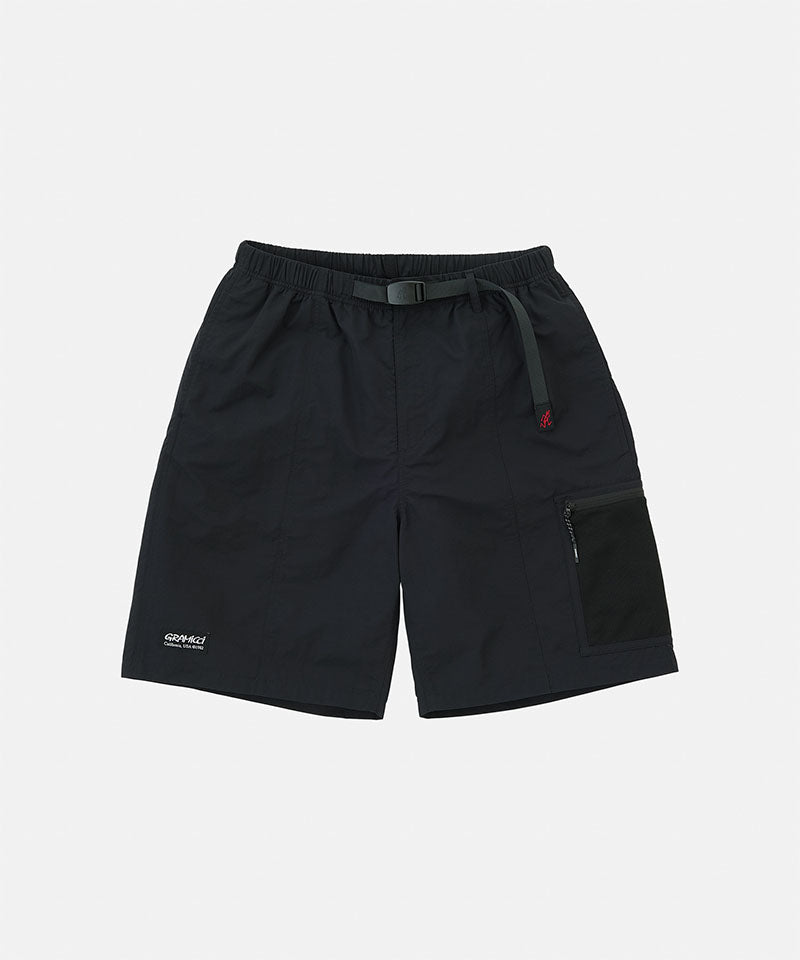 Black Gramicci Guide Shorts with a black belt against a light-tone background.