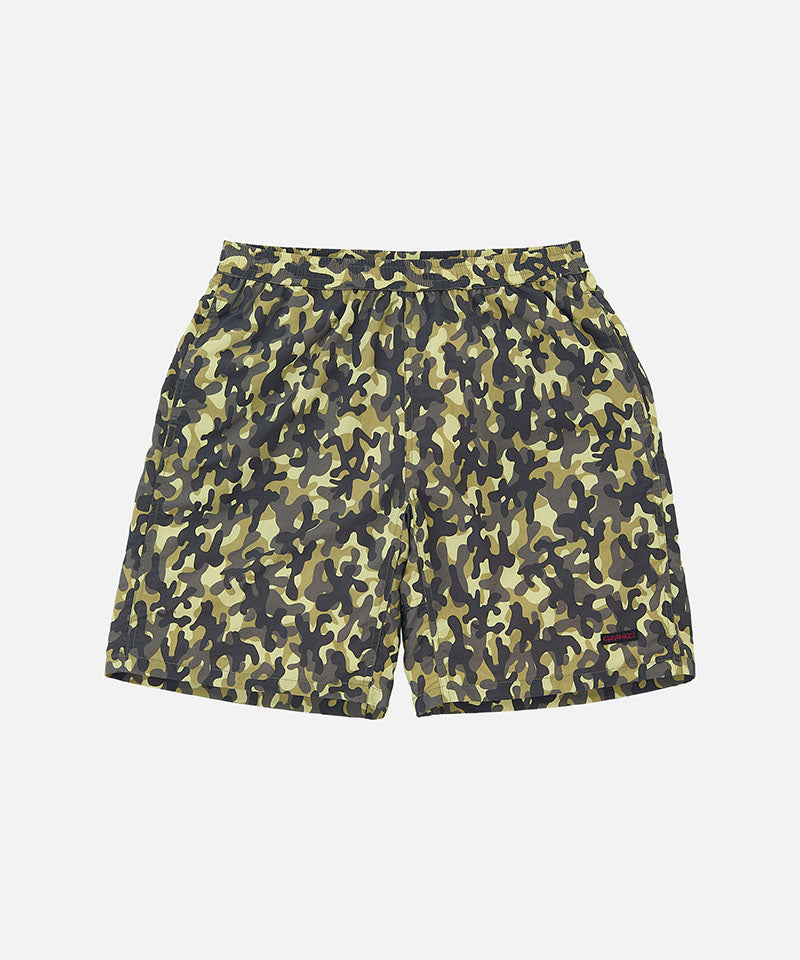Camouflage Gramicci Nylon Reef Shorts against a light-tone background.