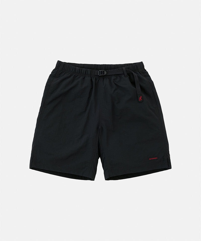 Black Gramicci Nylon Packable G-Shorts with a belt against a light-tone background.