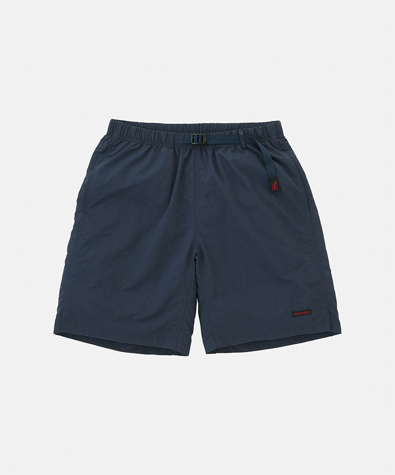 British navy Gramicci Nylon Packable G-Short with a belt against a light-tone background.