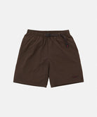 Chocolate colored Gramicci Nylon Packable G-Shorts with a belt against a light-tone background.