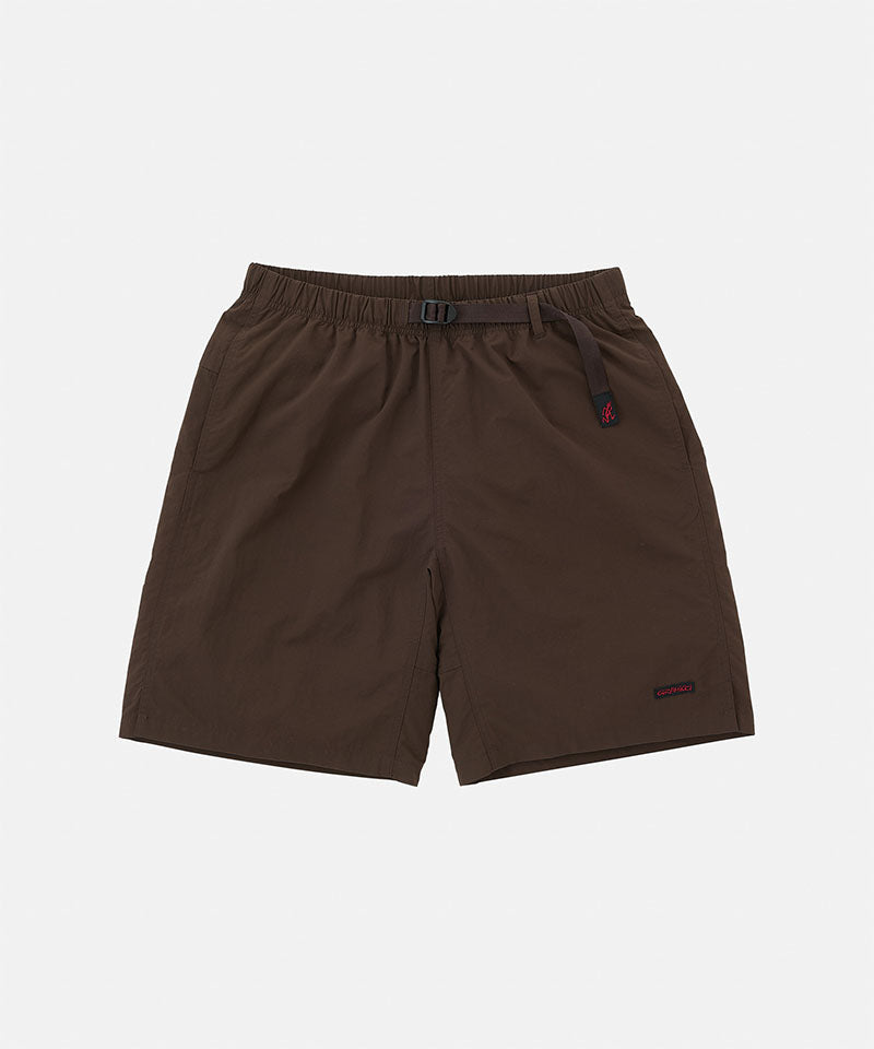 Chocolate colored Gramicci Nylon Packable G-Shorts with a belt against a light-tone background.