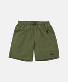 Olive Gramicci Nylon Packable G-Shorts with a belt against a light-tone background.