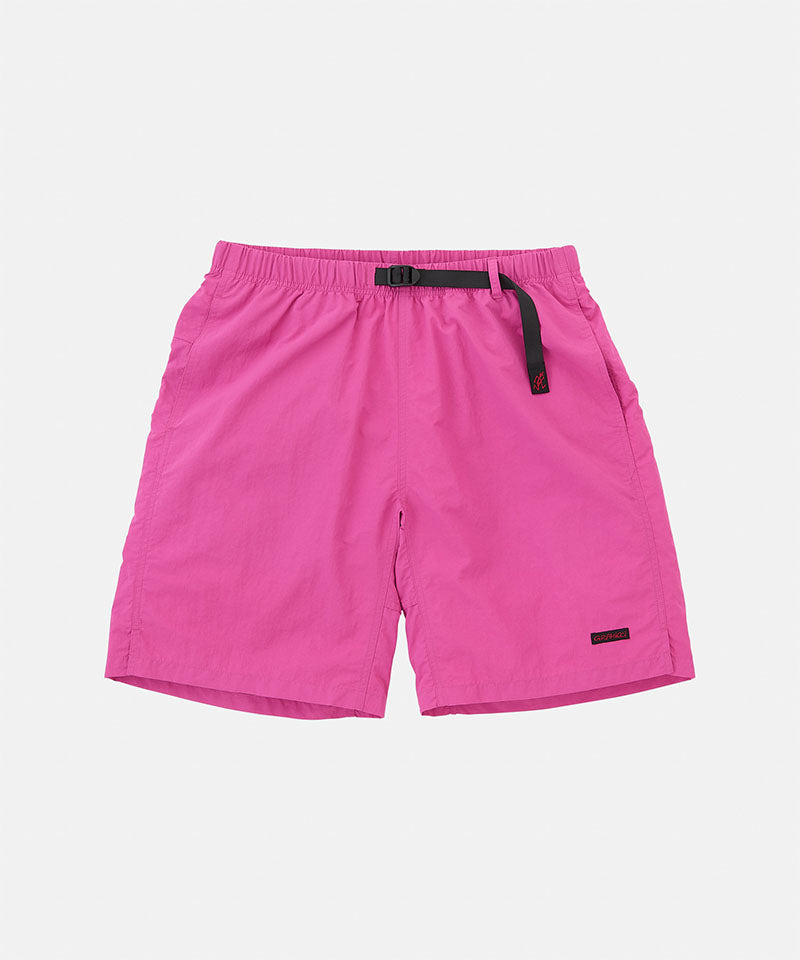 Bright plum colored Gramicci Nylon Packable G-Short with a black belt against a light-tone background.