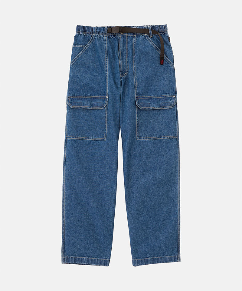 Light wash colored Gramicci Denim EQT Pant with a belt against a light-tone background.