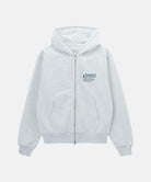 Gramicci heather ash G-Sail Zip Hooded Sweatshirt with a teal graphic against a light-tone background.