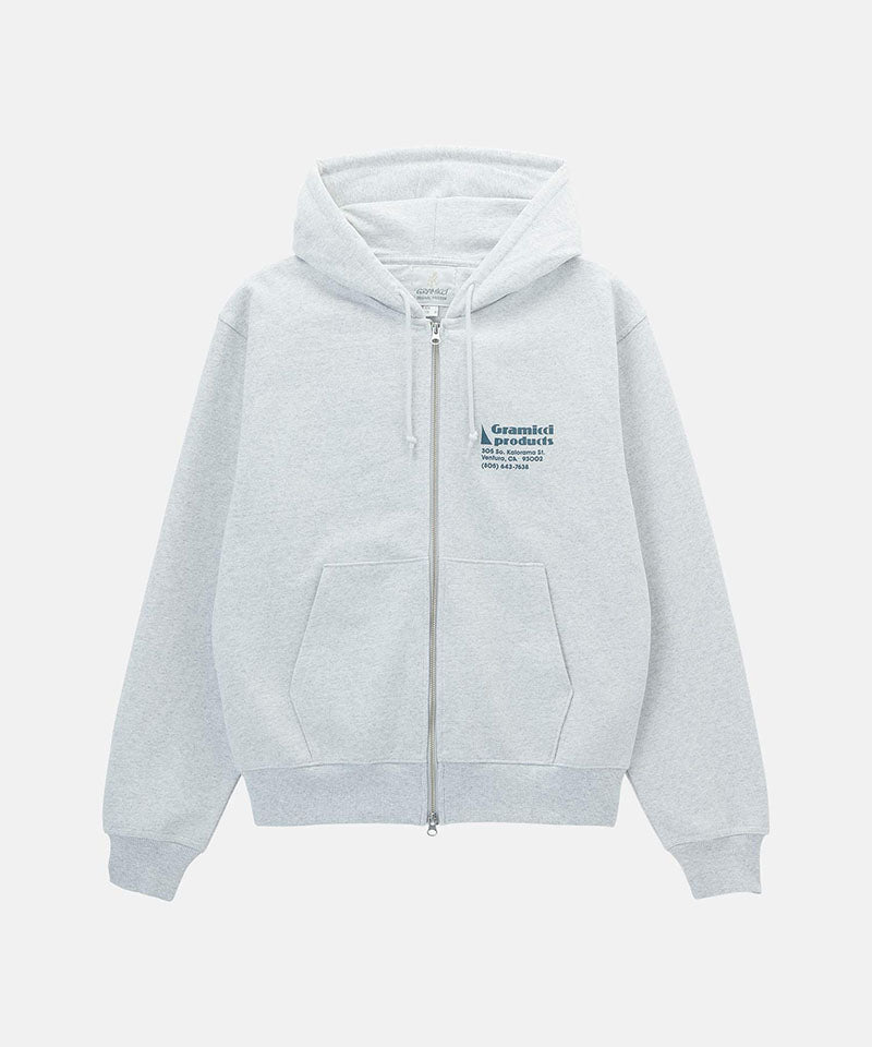 Gramicci heather ash G-Sail Zip Hooded Sweatshirt with a graphic against a light-tone background.