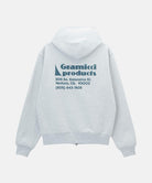 Back view of a Gramicci heather ash G-Sail Zip Hooded Sweatshirt with a teal graphic against a light-tone background.