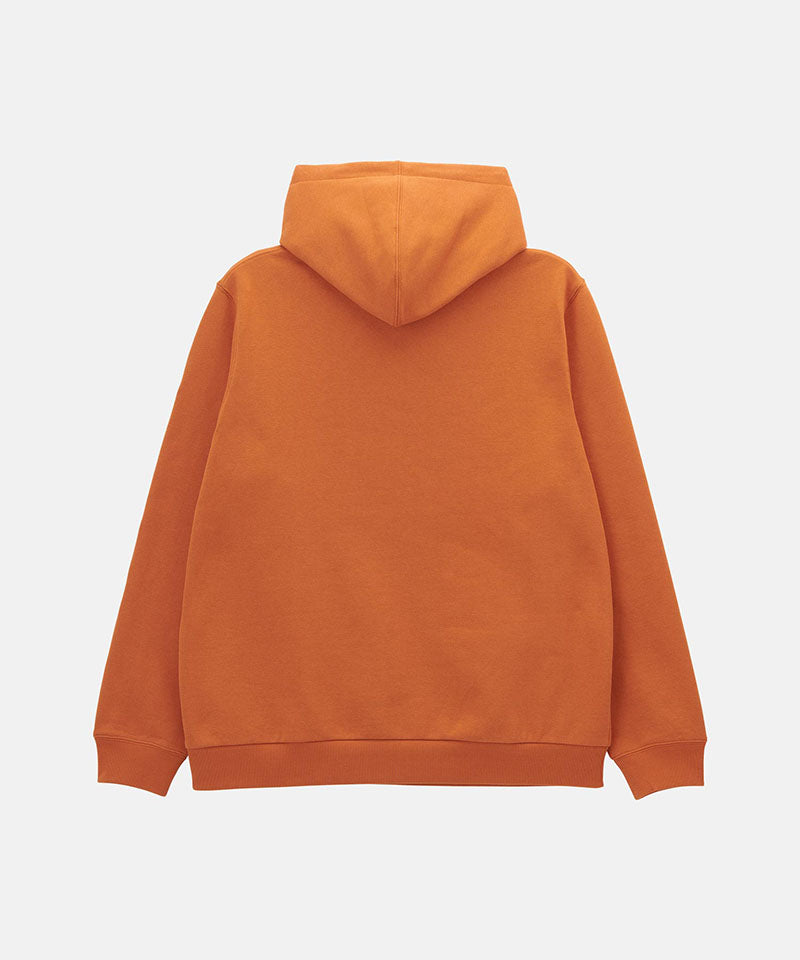 Back view of the Gramicci Blueberry Hooded Sweatshirt with blueberry graphic in orange against a light tone background.
