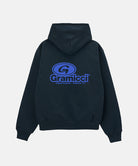 Back view of a Gramicci vintage black '82 Zip Hooded Sweatshirt against a light tone background.
