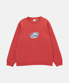 Gramicci crimson red G-Scribble Sweatshirt with blue graphic against a light tone background.