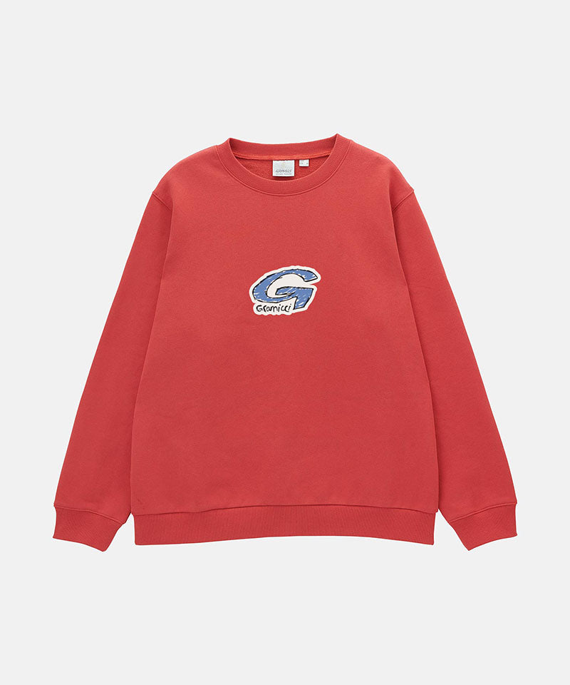 Gramicci crimson red G-Scribble Sweatshirt with blue graphic against a light tone background.