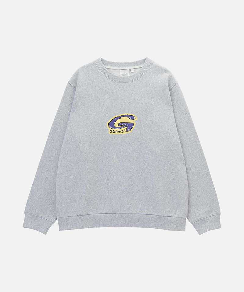 Gramicci heather grey G-Scribble Sweatshirt with purple and yellow graphic against a light-tone background.