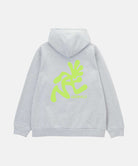Back view of a Gramicci heather grey Running Man Hooded Sweatshirt with bright lime running man graphic against a light tone background.