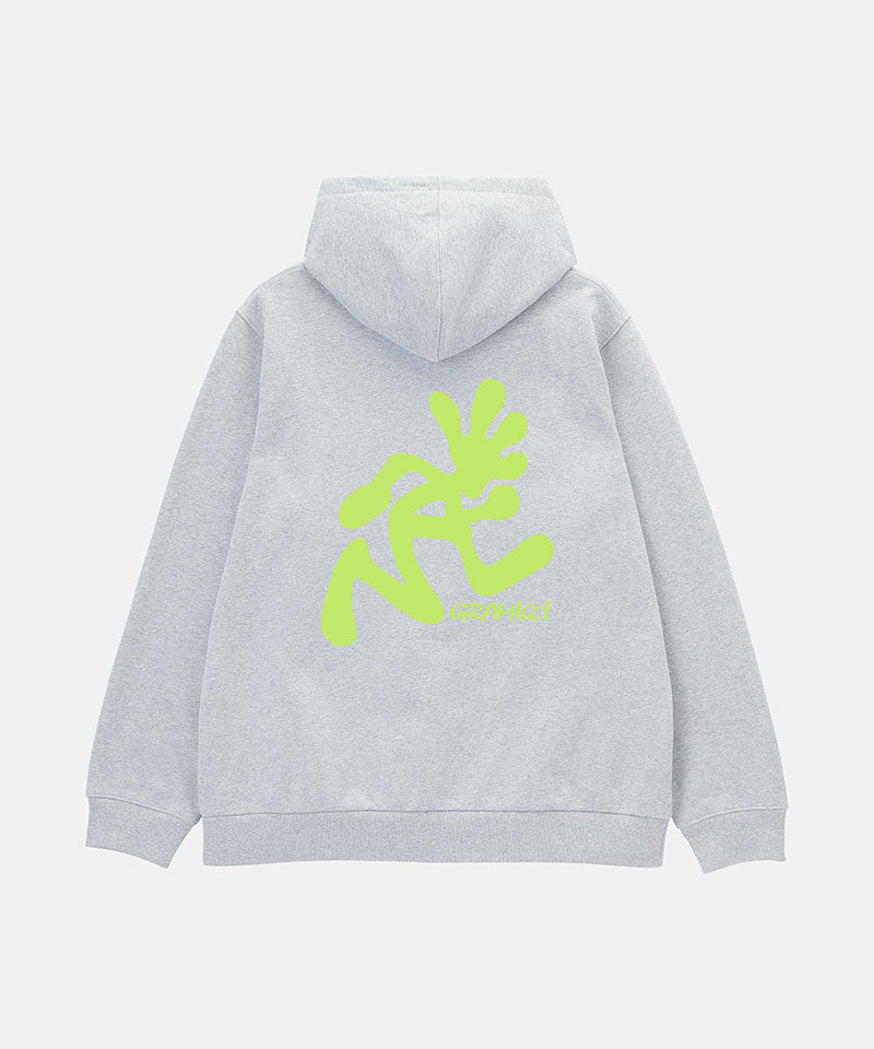 Back view of a Gramicci heather grey Running Man Hooded Sweatshirt with bright lime running man graphic against a light tone background.