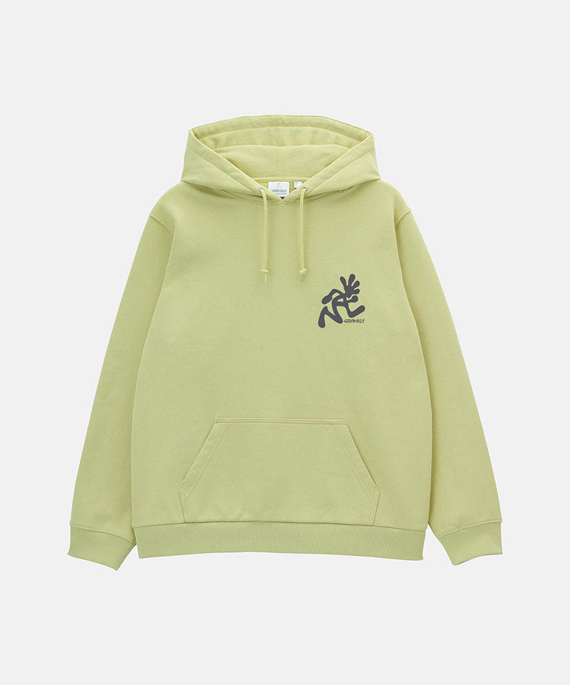 Gramicci lime Running Man Hooded Sweatshirt with grey running man graphic against a light tone background.