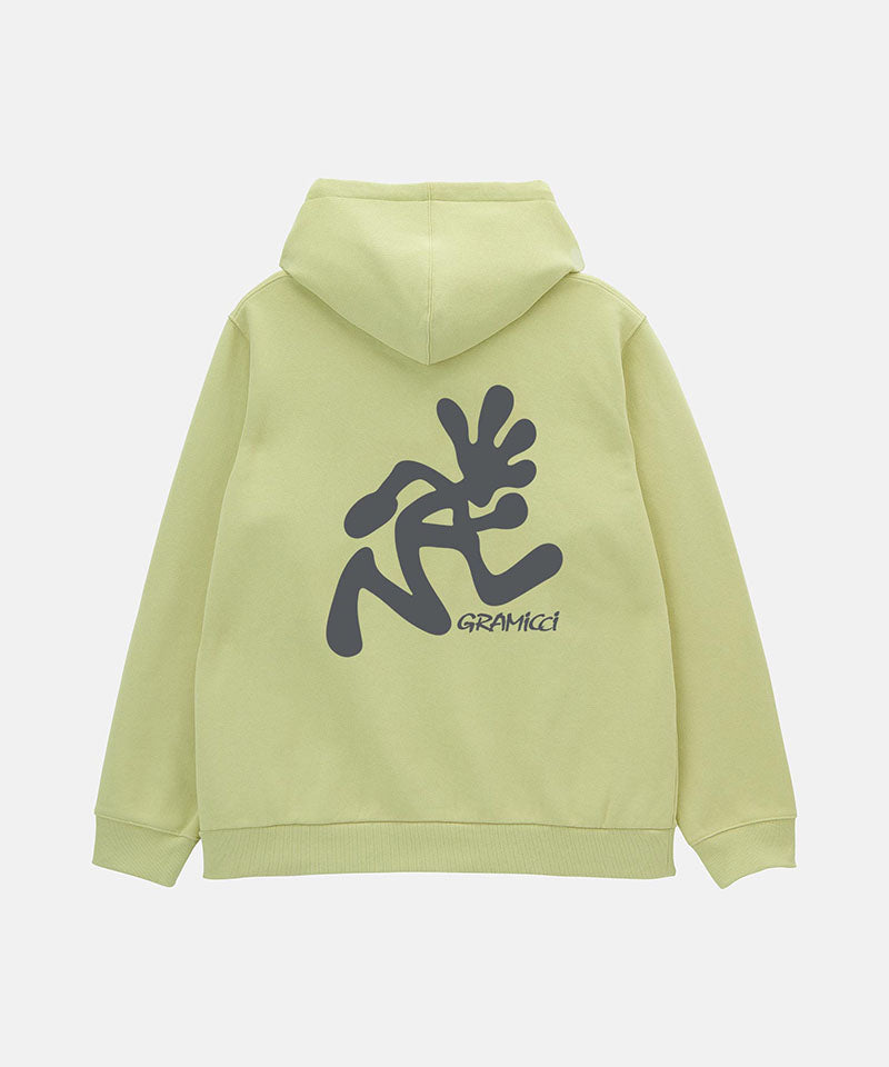 Back view of a Gramicci lime Running Man Hooded Sweatshirt with grey running man graphic against a light tone background.
