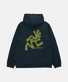 Back view of a Gramicci vintage black Running Man Hooded Sweatshirt with an olive green graphic against a light-tone background.