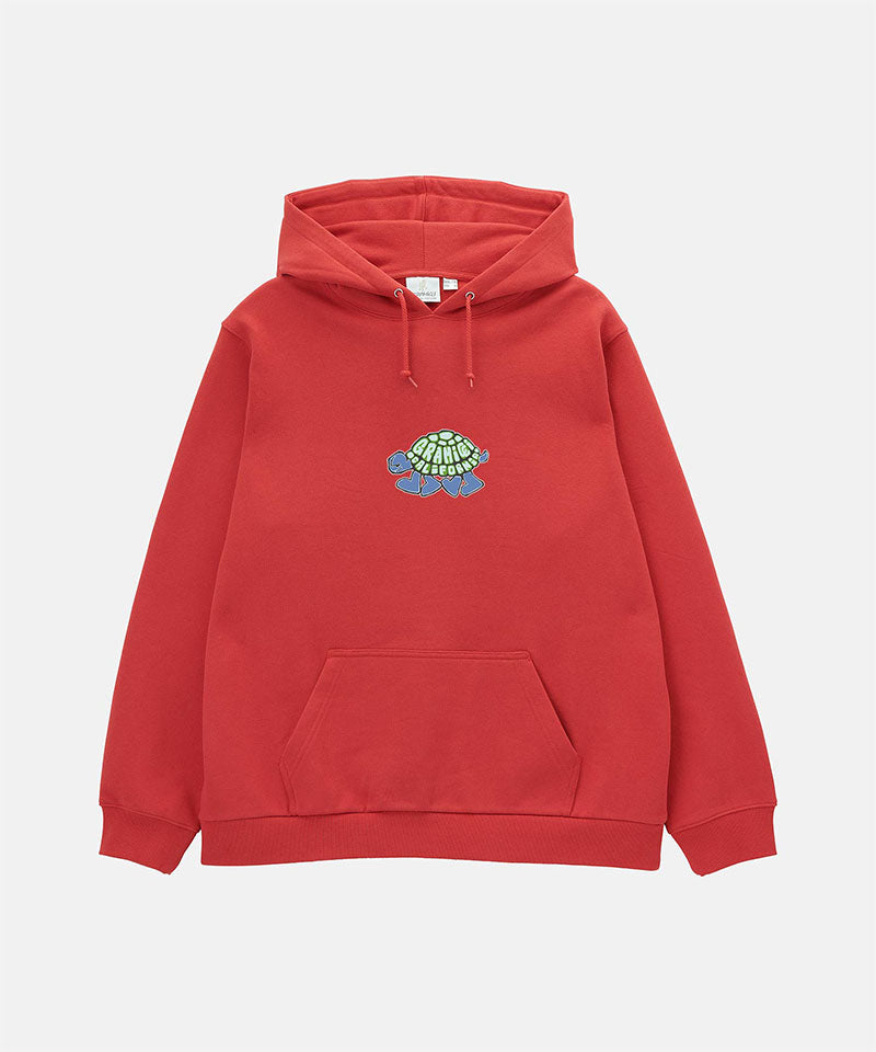 Gramicci crimson red Turtle Hooded Sweatshirt with turtle graphic against a light tone background.