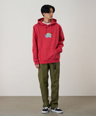 Model wearing a crimson red Gramicci Turtle Hooded Sweatshirt with a turtle graphic and olive pants on a light tone background.