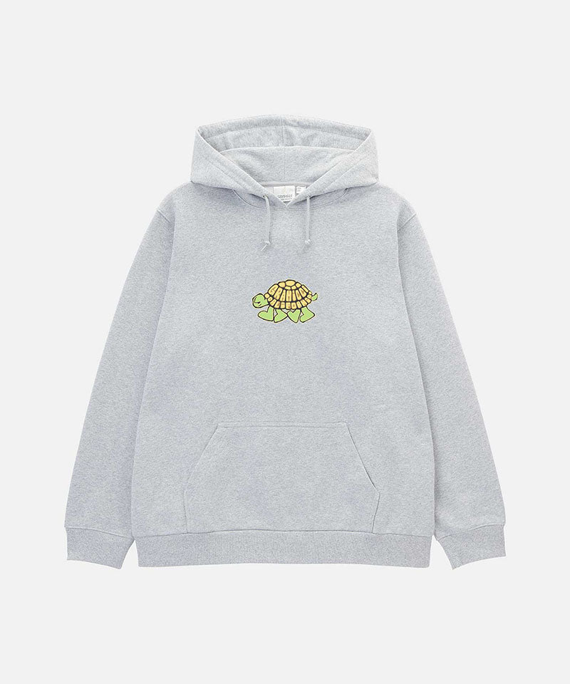 Gramicci heather grey Turtle Hooded Sweatshirt with turtle graphic against a light tone background.