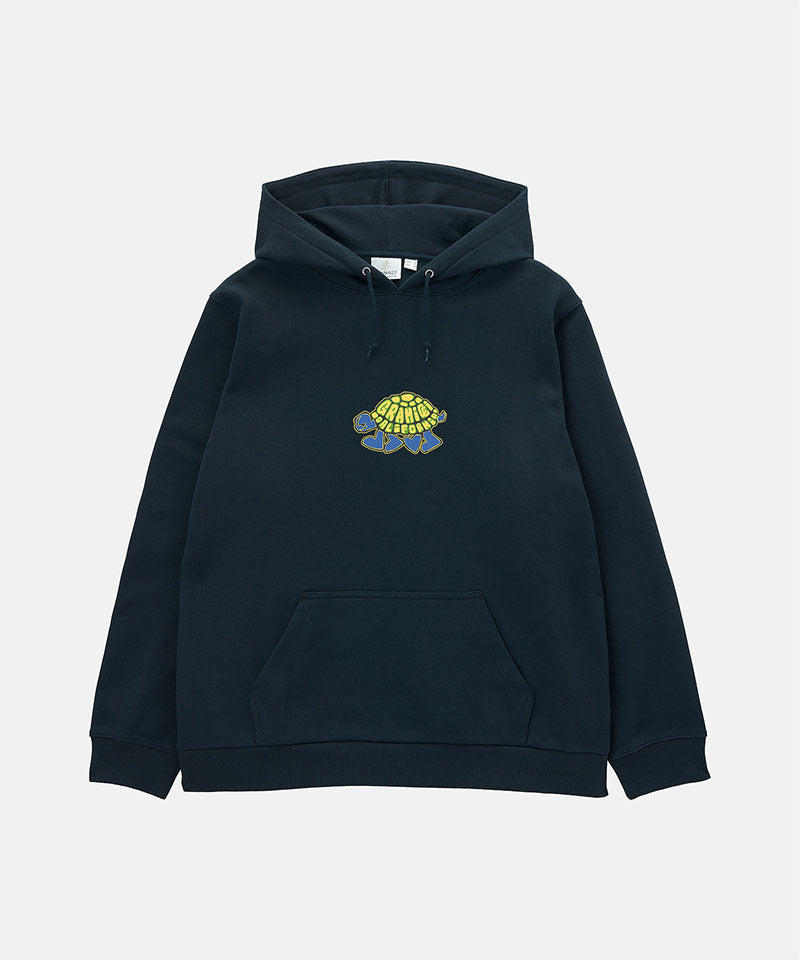 Gramicci vintage black Turtle Hooded Sweatshirt with turtle graphic against a light tone background.