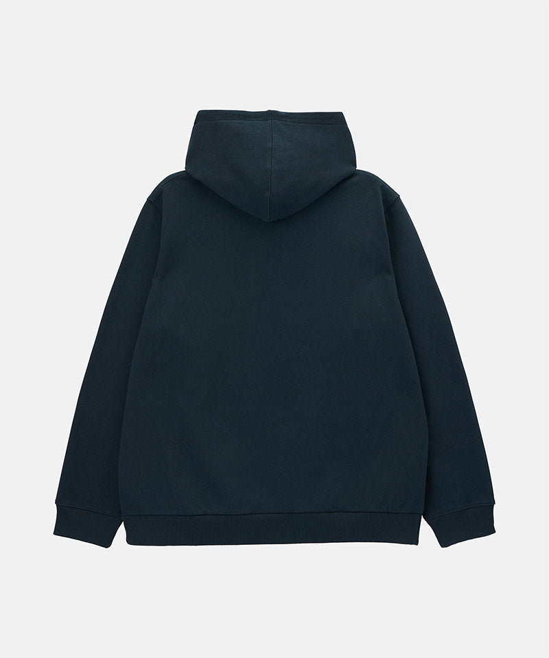 Back view of a Gramicci vintage black Turtle Hooded Sweatshirt  against a light tone background.
