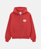 Red hoodie with a logo on the chest against a white background