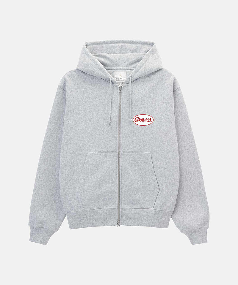 Gray hoodie with a brand logo on a white background